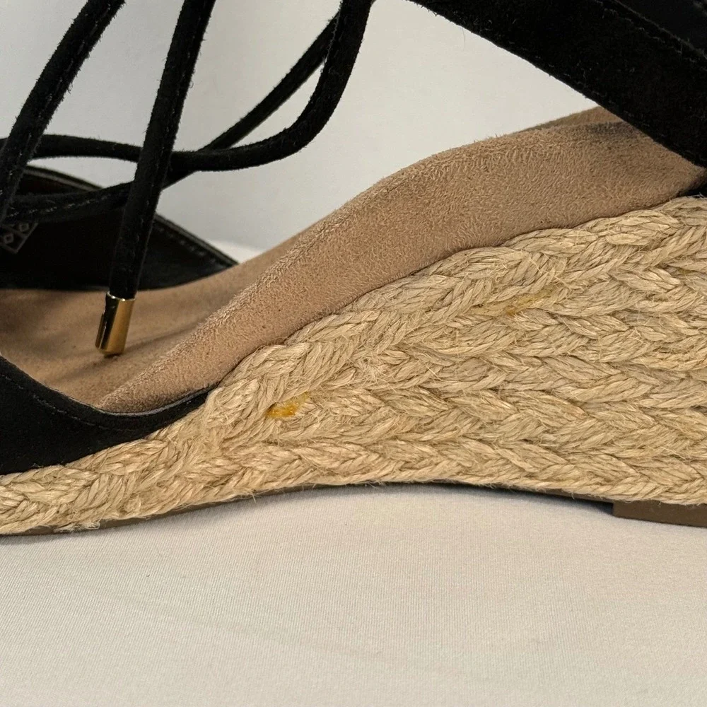 Vionic Calypso Black Suede Espadrille Wedge‎ Sandals Lace Up Cap Toe Women's 7.5